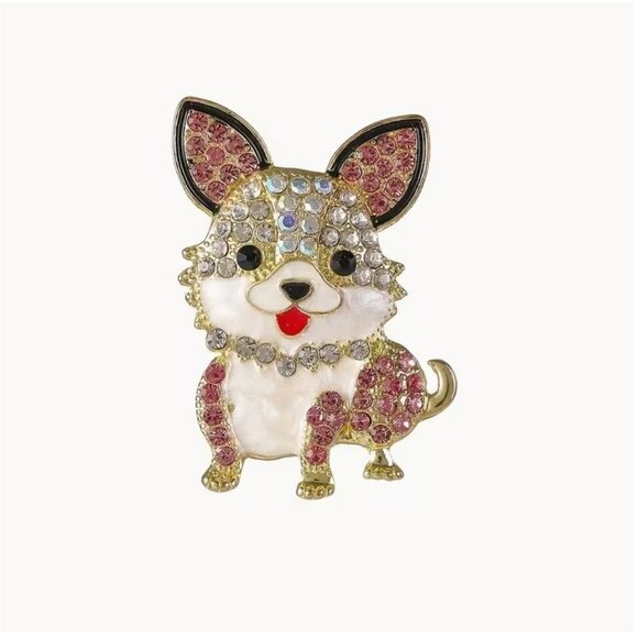 Jewelry - Cute Chihuahua Dog Brooch with Iridescent Crystals & Enamel Gold Tone